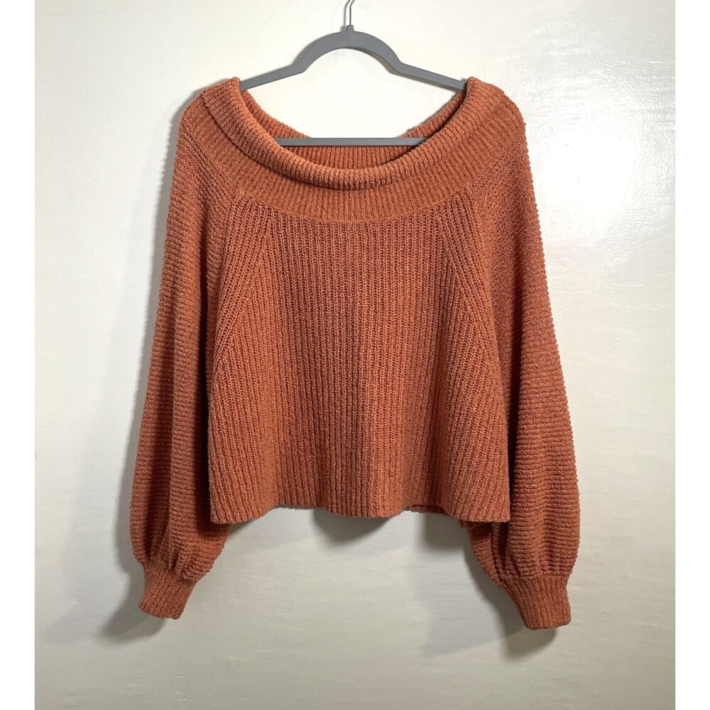 Free People Womens Orange Off Shoulder Knit Sweater Textured Puff Sleeves Medium